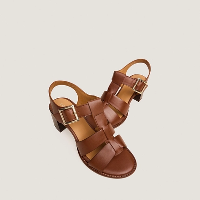 Block-heel sandals with adjustable buckles in cognac leather | alexandrie