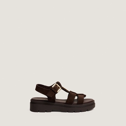 Platform sandals with adjustable buckles in brown split leather | LIVERPOOL