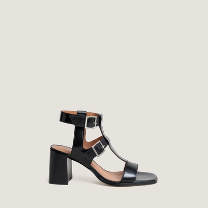Heeled sandals with double adjustable straps in black leather | valencia