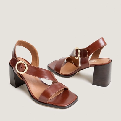 High laminated-heel sandals with wide straps in brown leather | vanelie