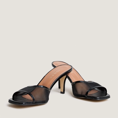 Heeled mules in black glossy leather and black mesh | vav