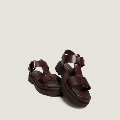Platform sandals with wide straps in brown leather | lisbonne