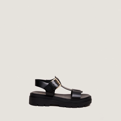 Platform sandals with wide straps in black leather | lisbonne