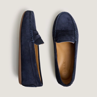 Square-toe loafers in navy split leather | liv