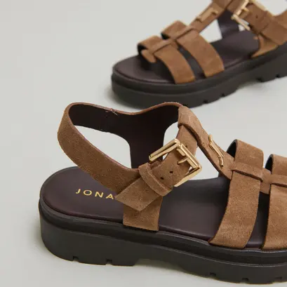 Platform sandals with monogram in taupe split leather | liverpool