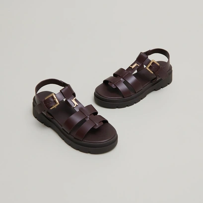 Platform sandals with monogram in brown leather | LIVERPOOL
