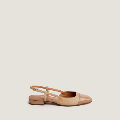 Slingback ballet flats in camel patent leather and suede | DHAPOU