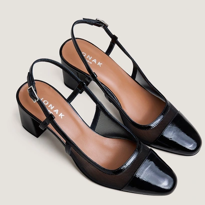 Heeled slingbacks in black pleated patent leather and black mesh | drag