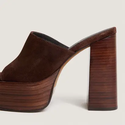 Open-toe heeled mules in chocolate split leather| beatrice