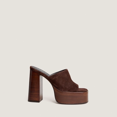 Open-toe heeled mules in chocolate split leather| beatrice