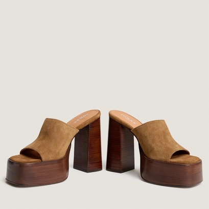 Open-toe heeled mules in tobacco split leather | beatrice