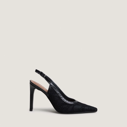 Pointed-toe slingback pumps in black lace and black leather | daxa