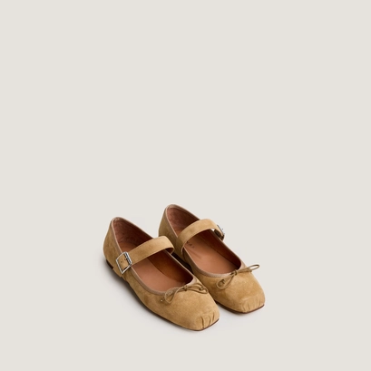 Lace-up ballet flats with straps in honey suede | dominante