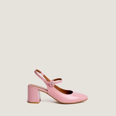 Open-back heeled mary janes in petal pink pleated patent leather | dollar