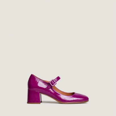 Heeled mary janes in purple pleated patent leather | dittus