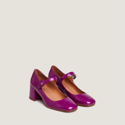 Heeled mary janes in purple pleated patent leather | dittus