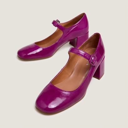 Heeled mary janes in purple pleated patent leather | dittus
