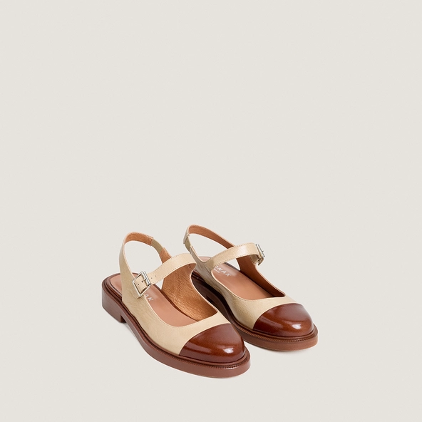 Slingback ballet flats in almond brown shiny leather and greige aged leather | DANKE