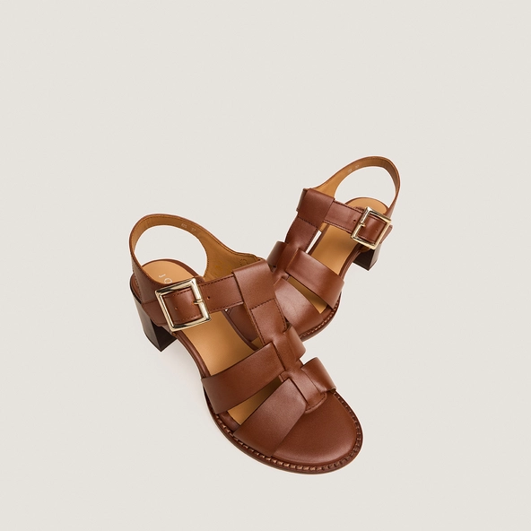 Block-heel sandals with adjustable buckles in cognac leather | ALEXANDRIE