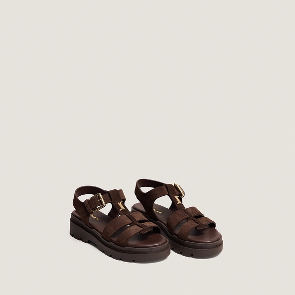 Platform sandals with adjustable buckles in brown split leather | LIVERPOOL