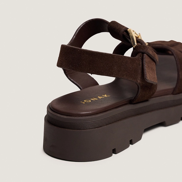 Platform sandals with adjustable buckles in brown split leather | LIVERPOOL