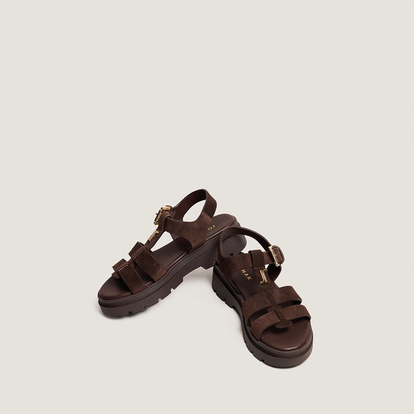 Platform sandals with adjustable buckles in brown split leather | LIVERPOOL