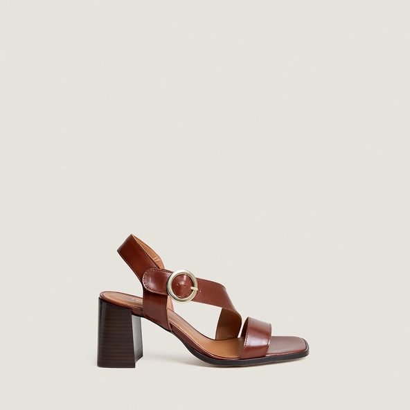 High laminated-heel sandals with wide straps in brown leather | VANELIE