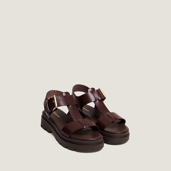 Platform sandals with wide straps in brown leather | LISBONNE