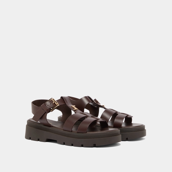 Platform sandals with monogram in brown leather | LIVERPOOL