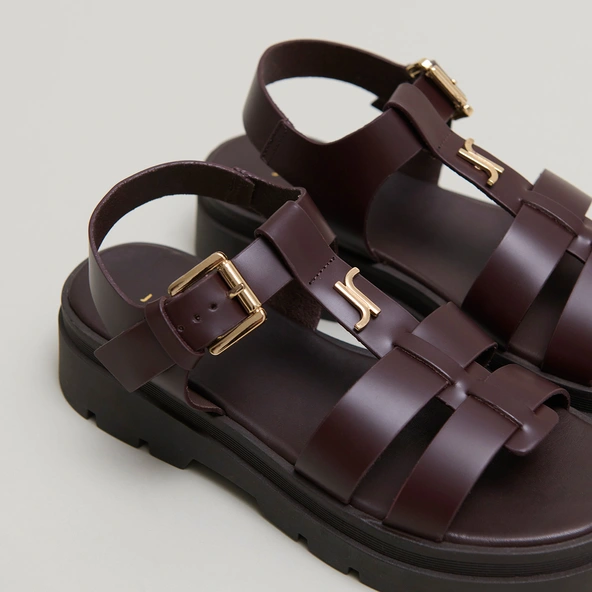 Platform sandals with monogram in brown leather | LIVERPOOL