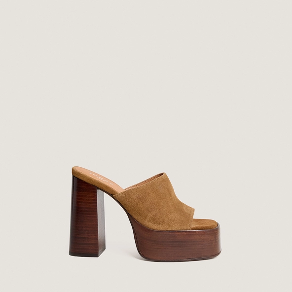 Open-toe heeled mules in tobacco split leather | BEATRICE