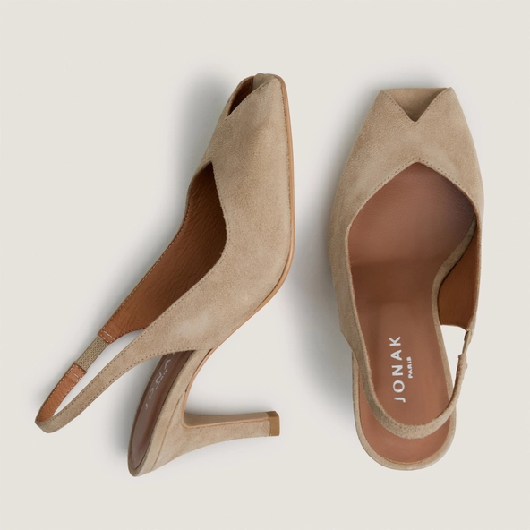 Square-toe slingback pumps in camel suede | DELOURS