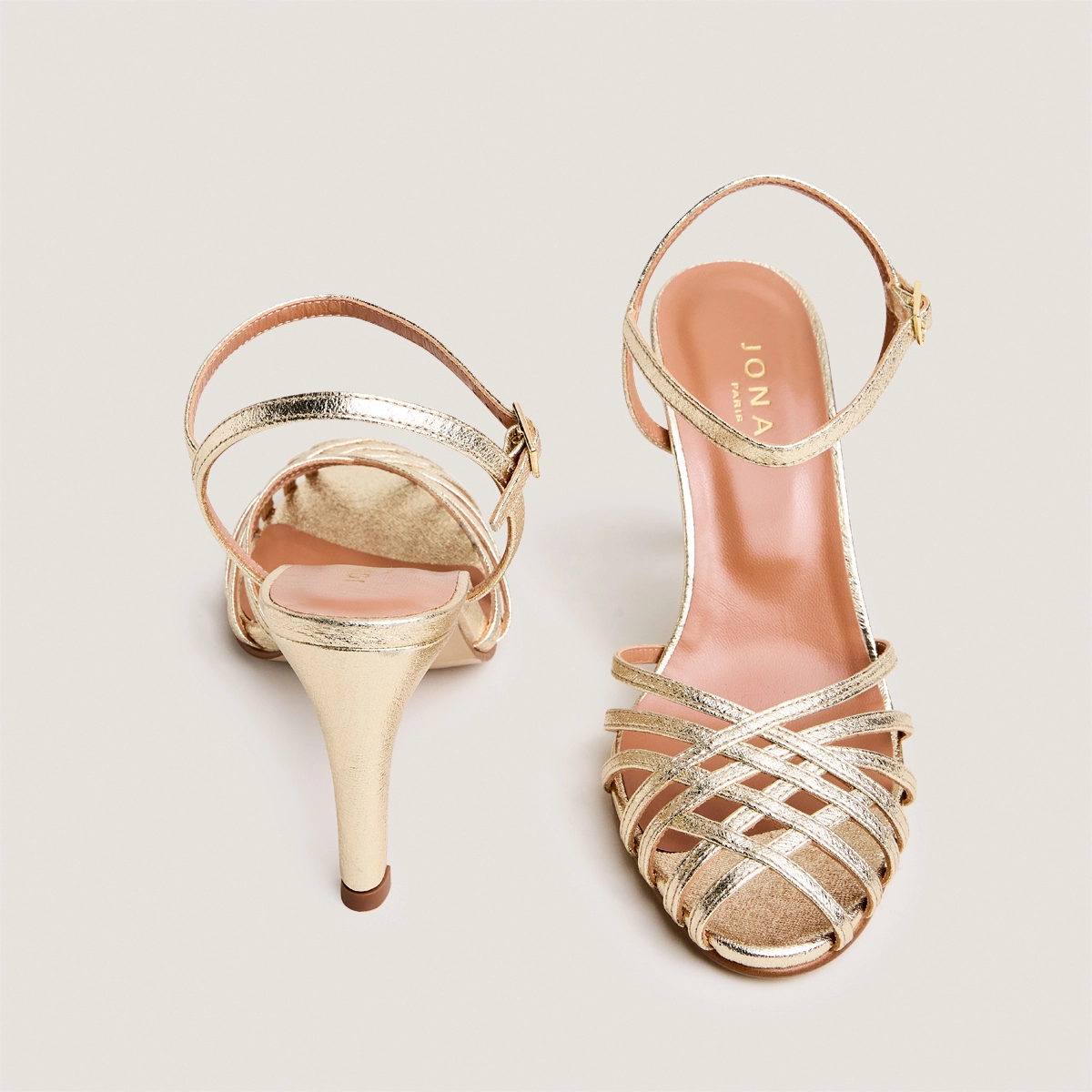 High-heeled sandals in platinum metallic textile | DAMORIA