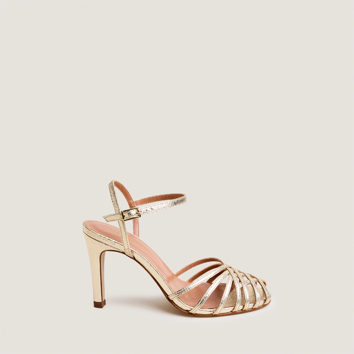 High-heeled sandals in platinum metallic textile | DAMORIA