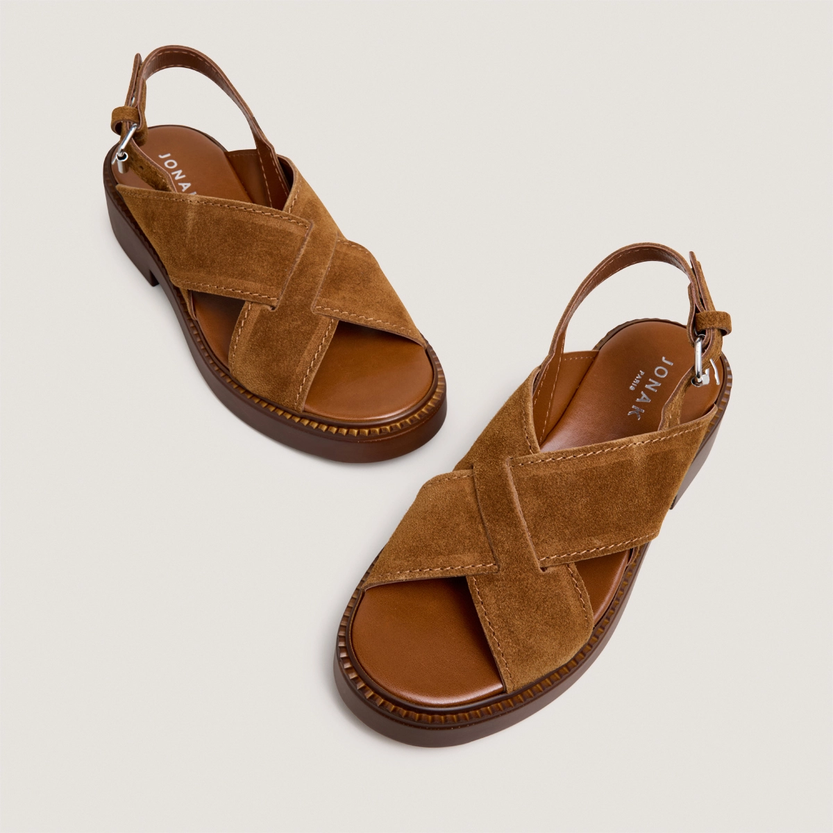 Interlaced strap sandals in cognac split leather | ELIO