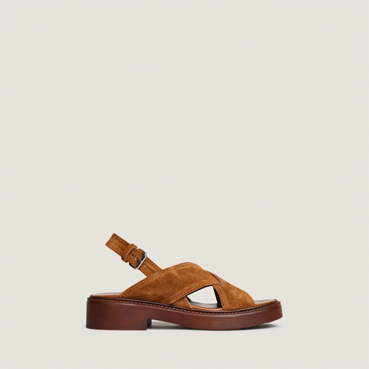 Interlaced strap sandals in cognac split leather | ELIO