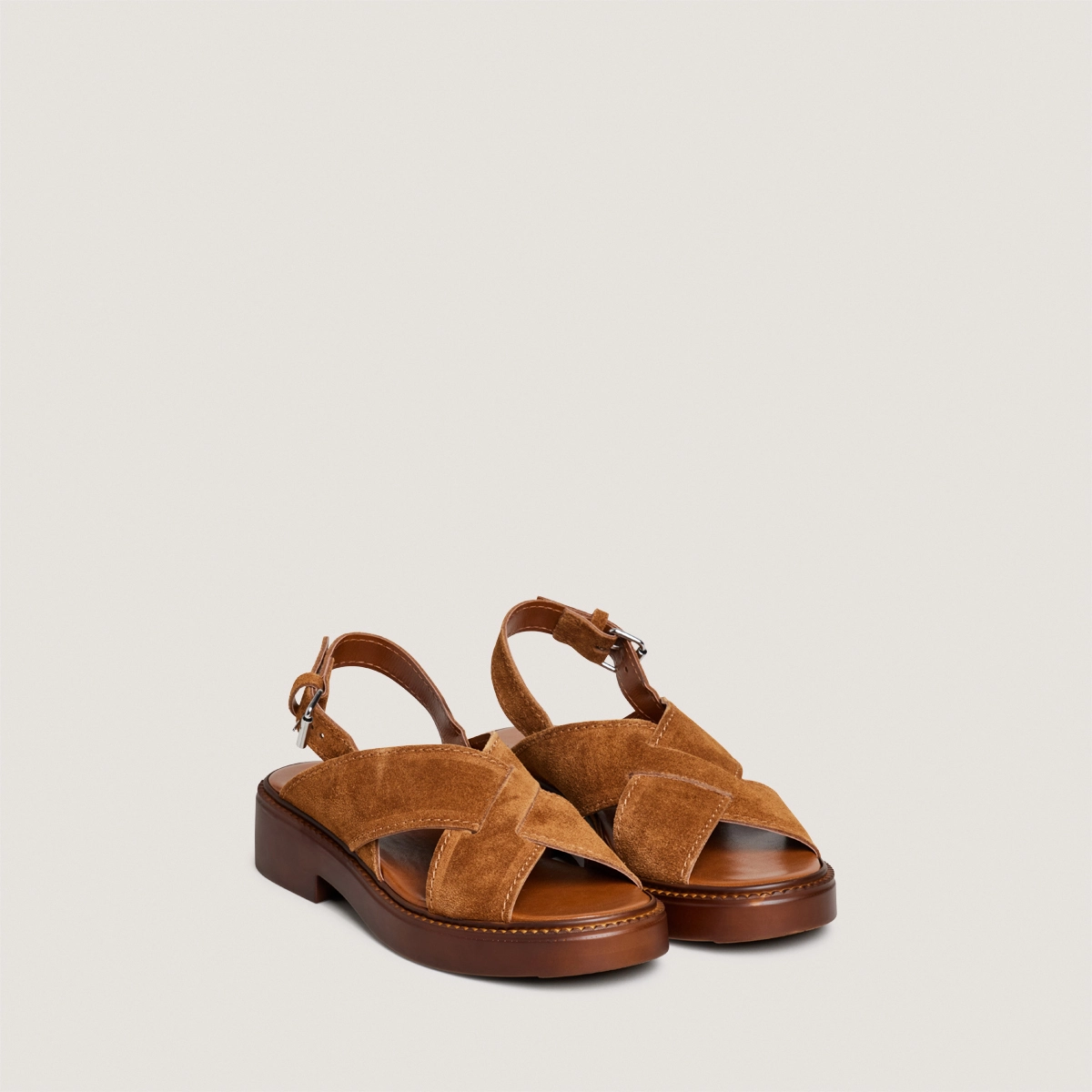Interlaced strap sandals in cognac split leather | ELIO