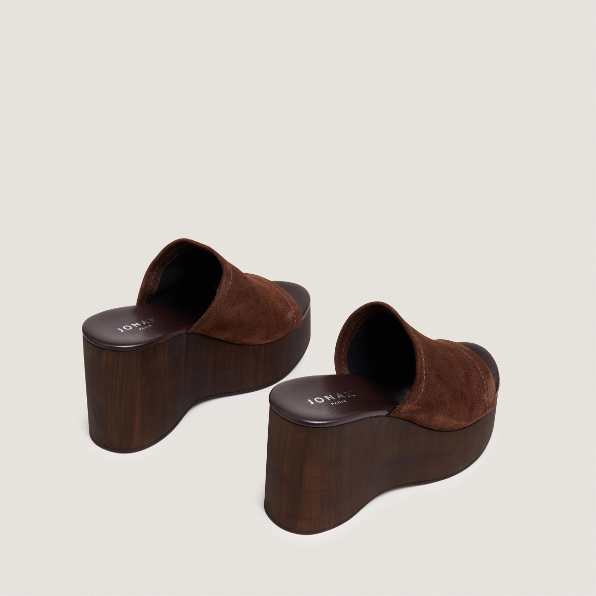 Heeled wedge mules in dark brown split leather | ESMEE