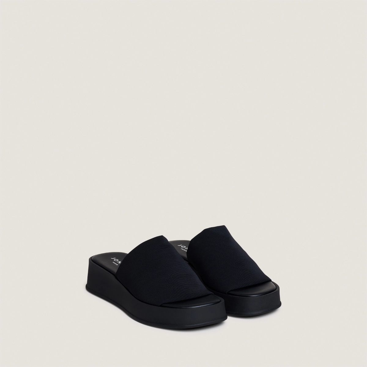 Platform mules in black textile | EVANN