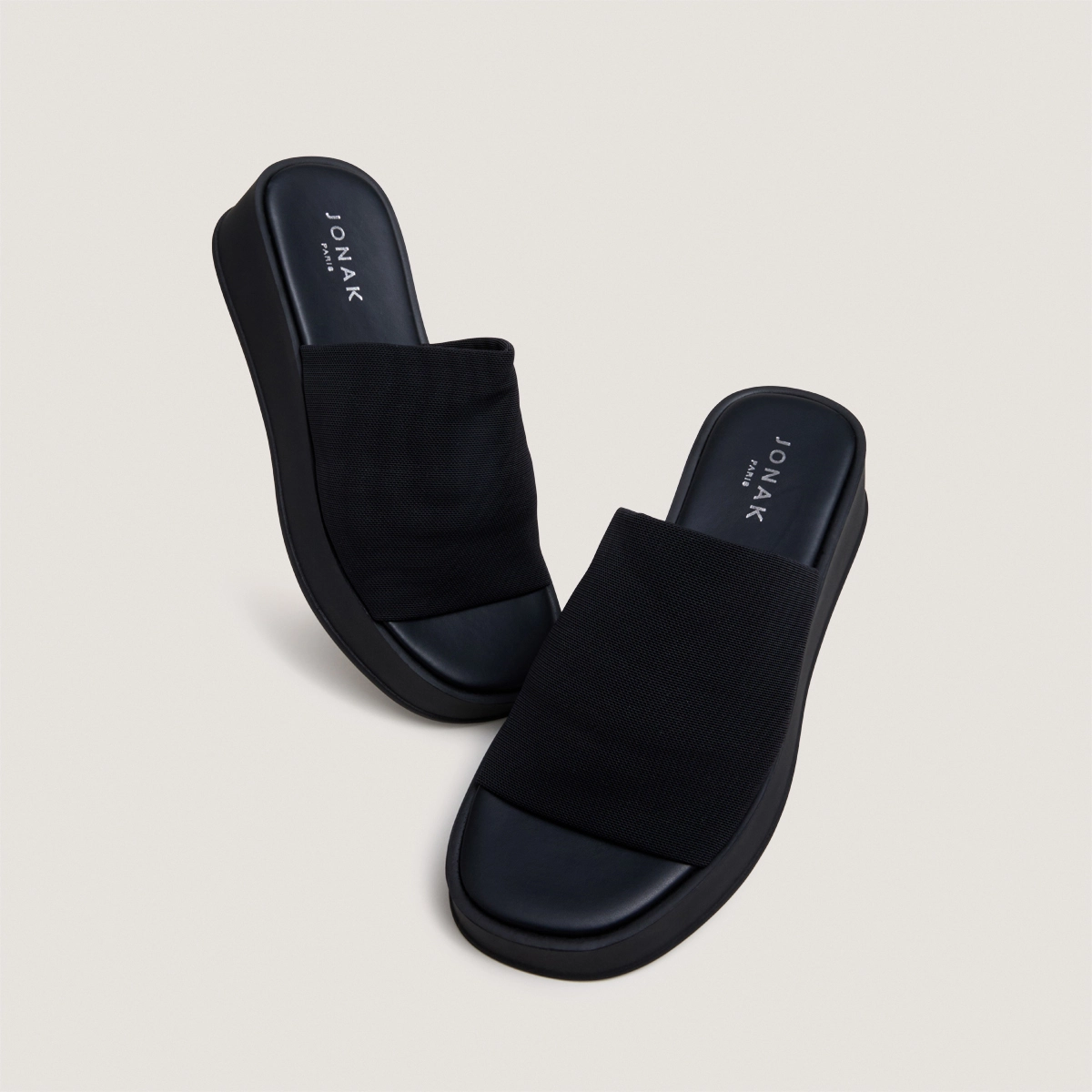 Platform mules in black textile | EVANN