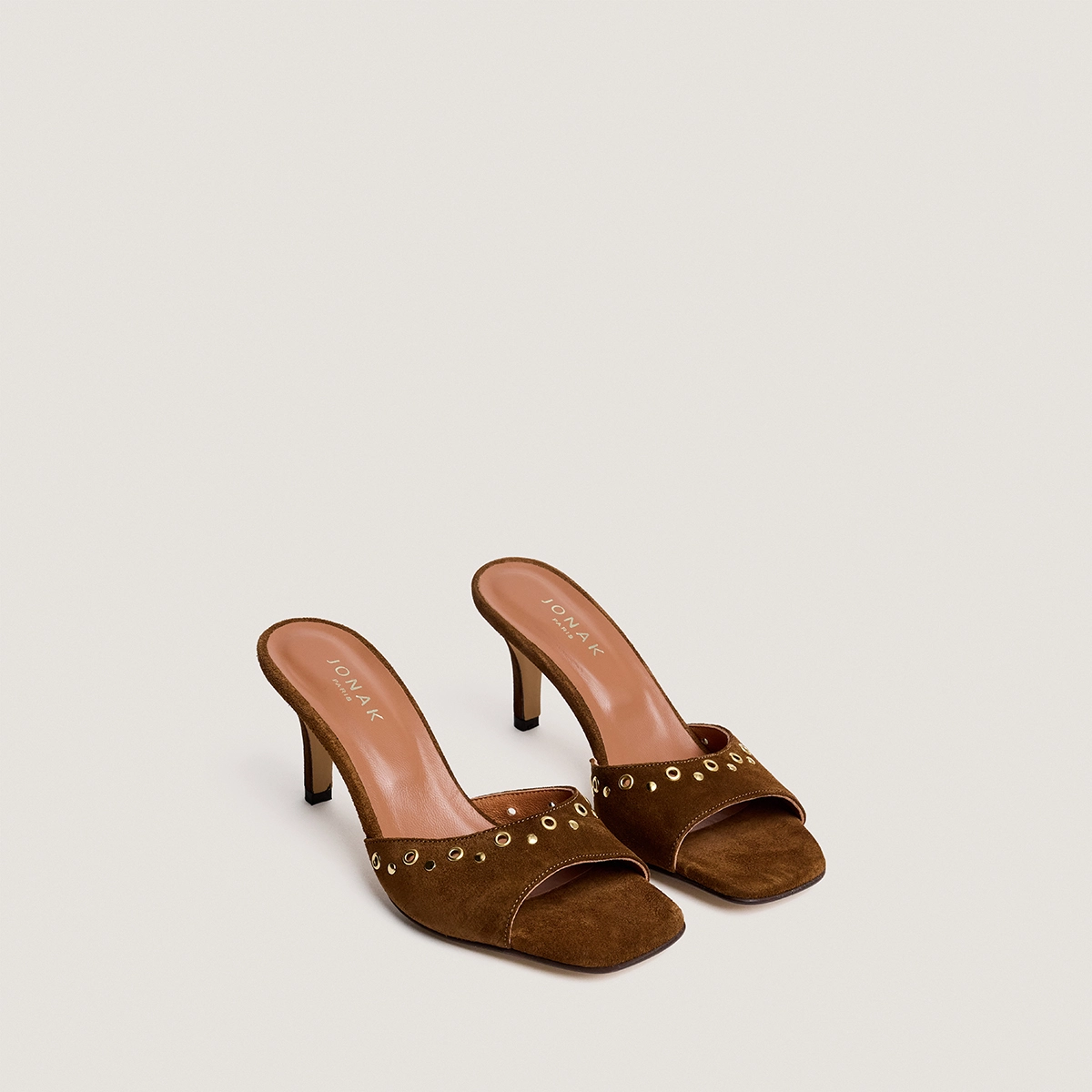 High-heel studded mules in cognac split leather | VIVE