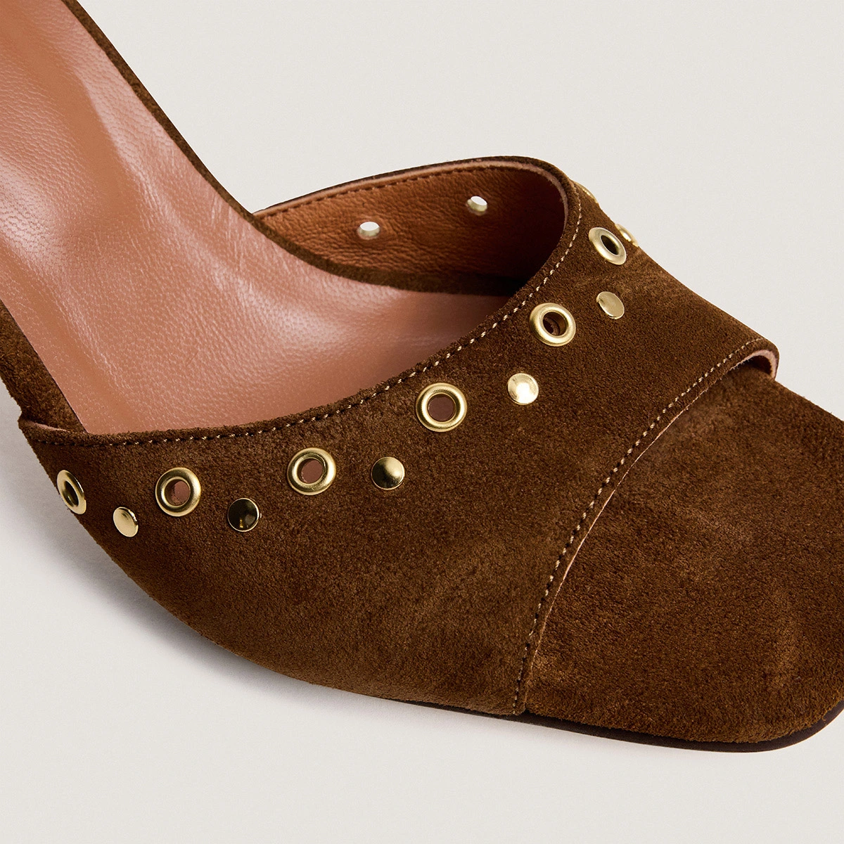 High-heel studded mules in cognac split leather | VIVE