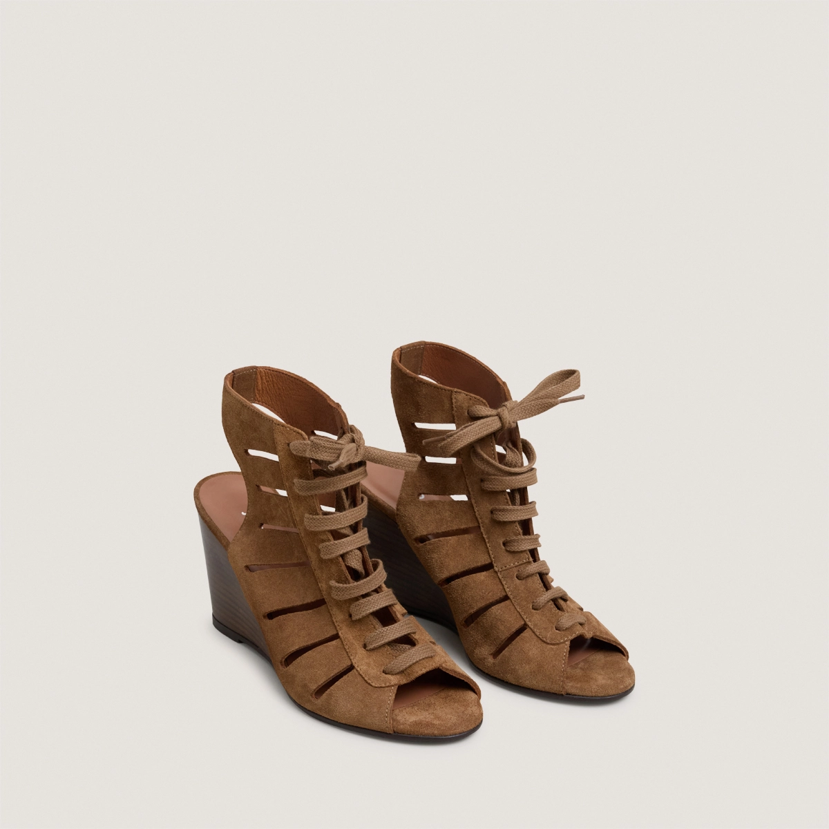 Lace-up wedge backless sandals in cognac split leather | DATELLE