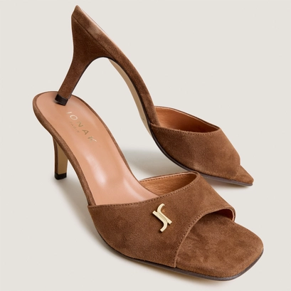 Heeled mules with monogram detail in hazelnut suede | VERTIGE