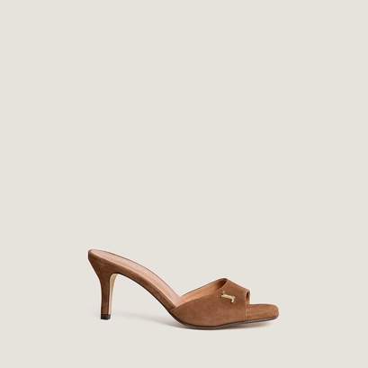 Heeled mules with monogram detail in hazelnut suede | VERTIGE