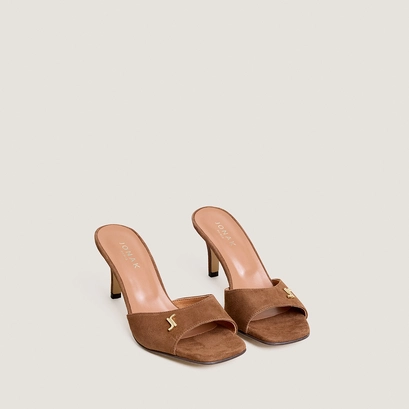 Heeled mules with monogram detail in hazelnut suede | VERTIGE