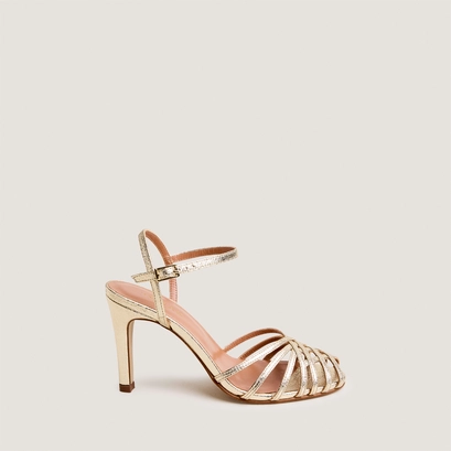 High-heeled sandals in platinum metallic textile | damoria
