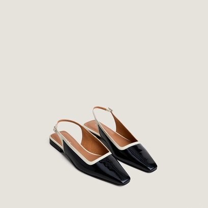 Pointed-toe slingback ballet flats in black patent leather and ecru leather | daxus