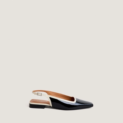 Pointed-toe slingback ballet flats in black patent leather and ecru leather | daxus
