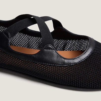 Elasticated ballet flats in black mesh and black leather | dessin